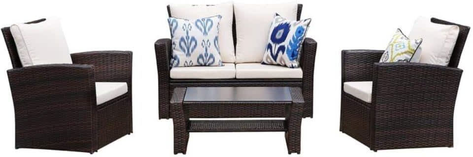 4-Pieces Wicker Patio Conversation Set with Cushions, Modern Sofa Couches Furniture Set End Side Coffee Table, Brown