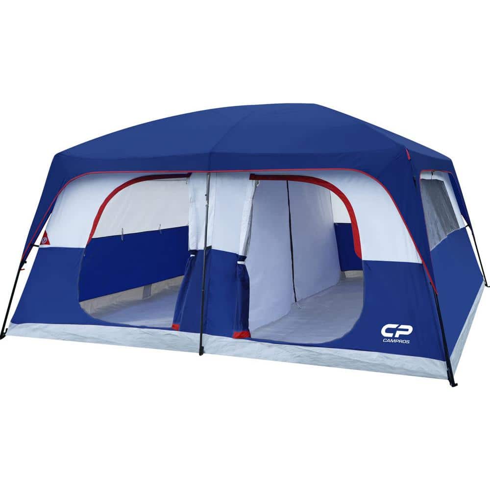 Zeus & Ruta 12 ft. x 14 ft. 12-Person Blue Cabin Tent with 6 Mesh Windows, Double Layer, Divided Curtain and Carry Bag for Camping