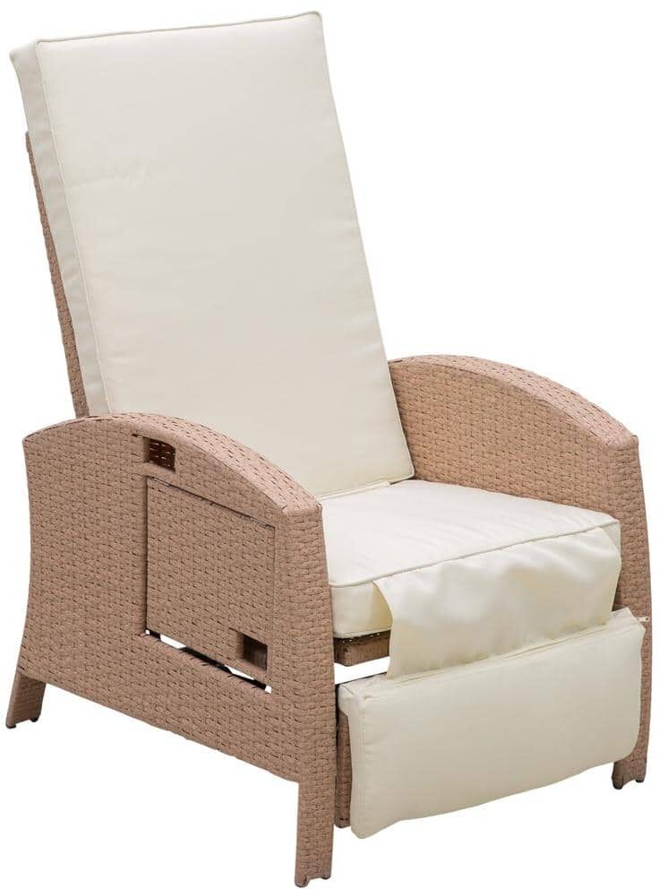 Outsunny Beige Adjustable Recliner Plastic Rattan Outdoor Lounge Chair with White Cushions & Drink Tray