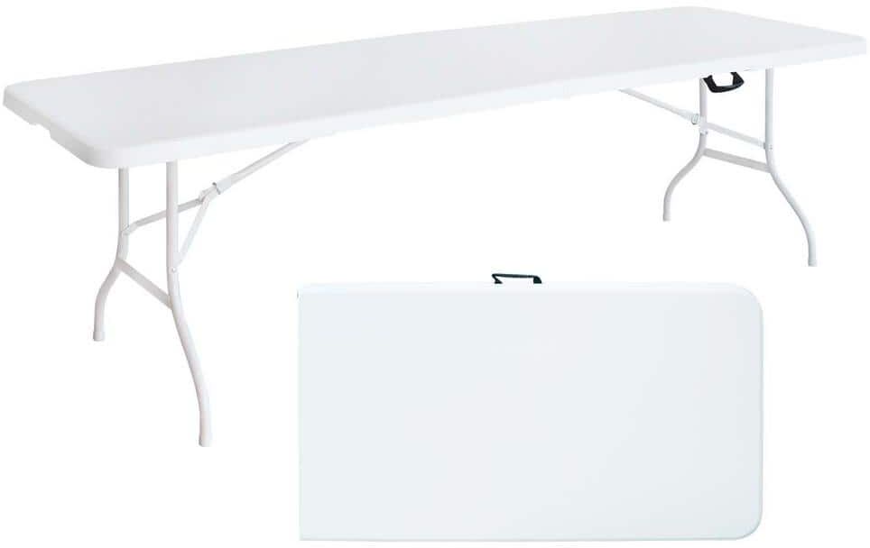 8 ft. Outdoor White Rectangle Metal Casual Folding Picnic Table Game Party Table with Side Lock and Handle