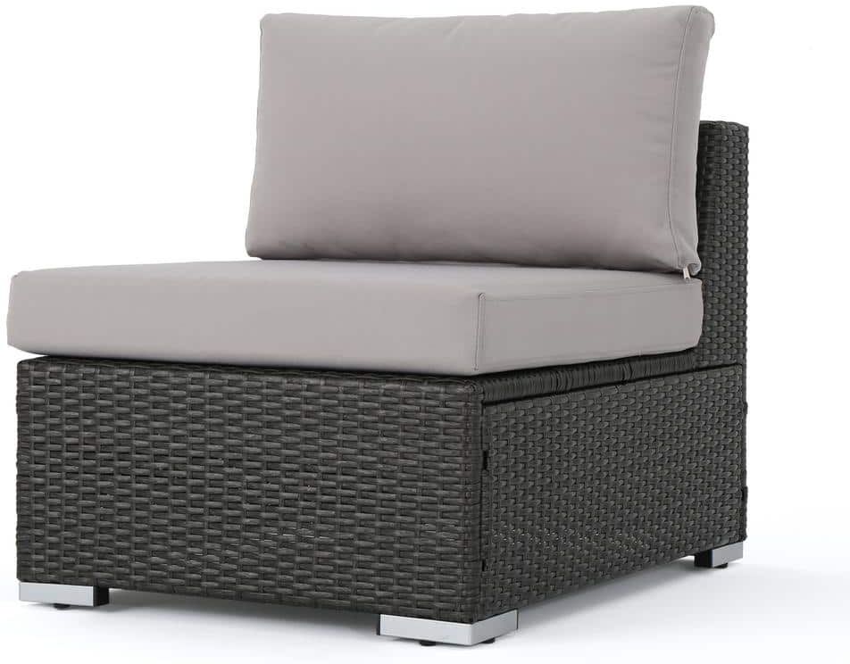 Noble House Nolan Gray Wicker Armless Middle Outdoor Sectional Chair with Silver Cushions