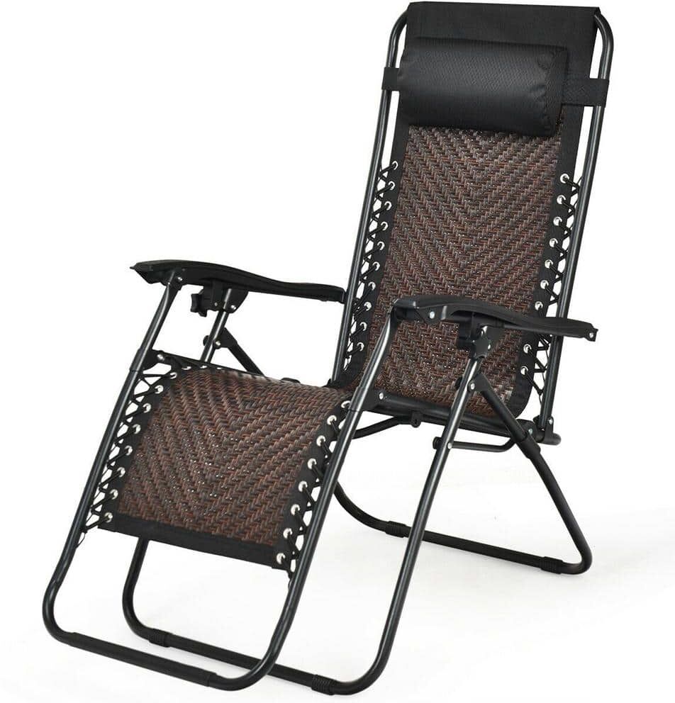 Costway Brown Folding Recliner Rattan Zero Gravity Wicker Patio Lounge Chair with Headrest