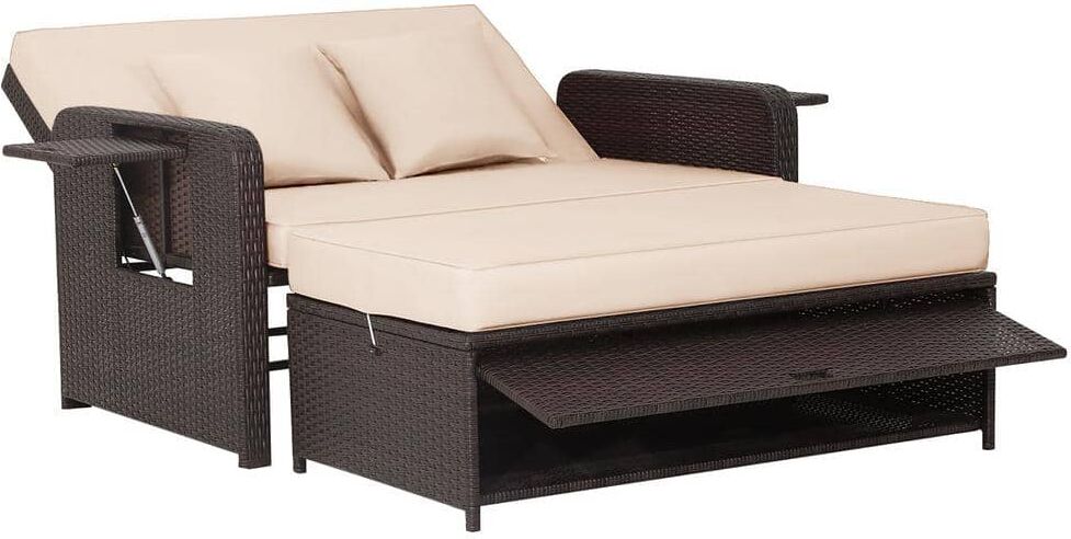 Costway Wicker Outdoor Day Bed with Retractable Top Canopy Side Tables and Beige Cushions