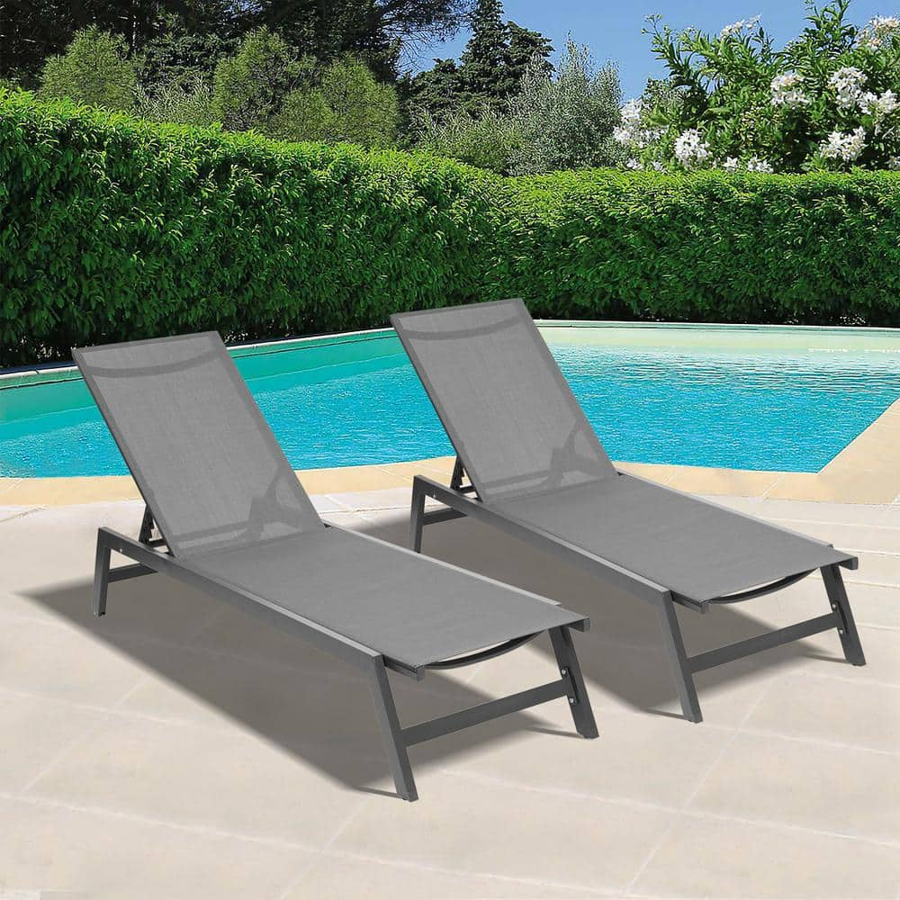 Afoxsos 2-Pieces Set Aluminum Outdoor Chaise Lounge Chairs, 5-Position Adjustable Recliner, Grey Frame/Black Fabric