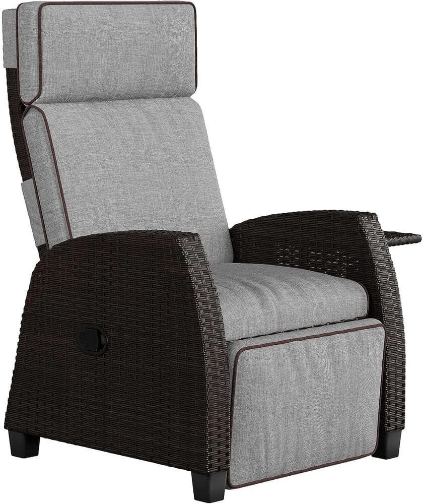 Yangming Dark Brown PE Wicker Outdoor Lounge Chair Recliner with Flip Table Push Back and Dark Grey Cushion (1-Pack)