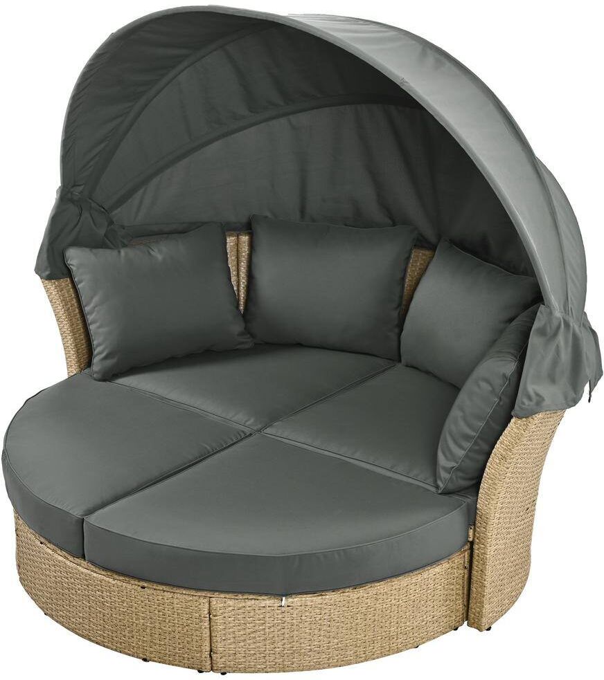 Harper & Bright Designs High-End Wicker Outdoor Patio Day Bed with Gray Cushions, 4 Pillows and Retractable Canopy