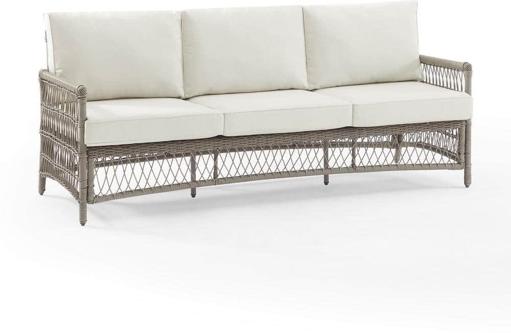 CROSLEY FURNITURE Thatcher Driftwood Wicker Outdoor Couch with Creme Cushions