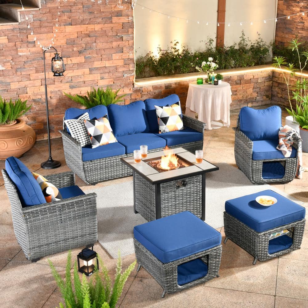 HOOOWOOO Echo Black 6-Piece Wicker Multi-Functional Patio Conversation Sofa Set with a Fire Pit and Navy Blue Cushions