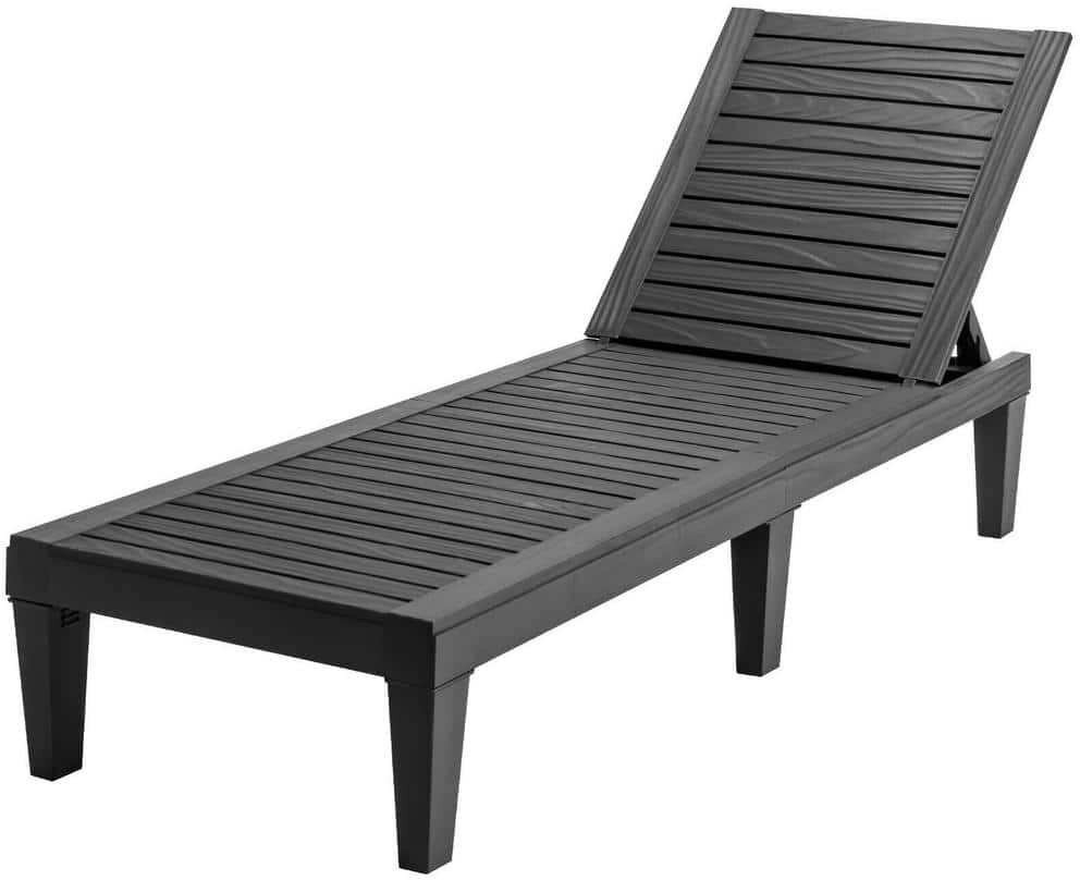 WELLFOR 1-Piece Plastic Outdoor Chaise Lounge with 5-Position Adjustable Backrest in Black