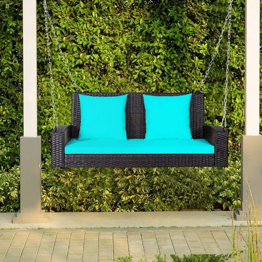 Zeus & Ruta 2-Person Blue Metal Patio Rattan Porch Swing with Cushions