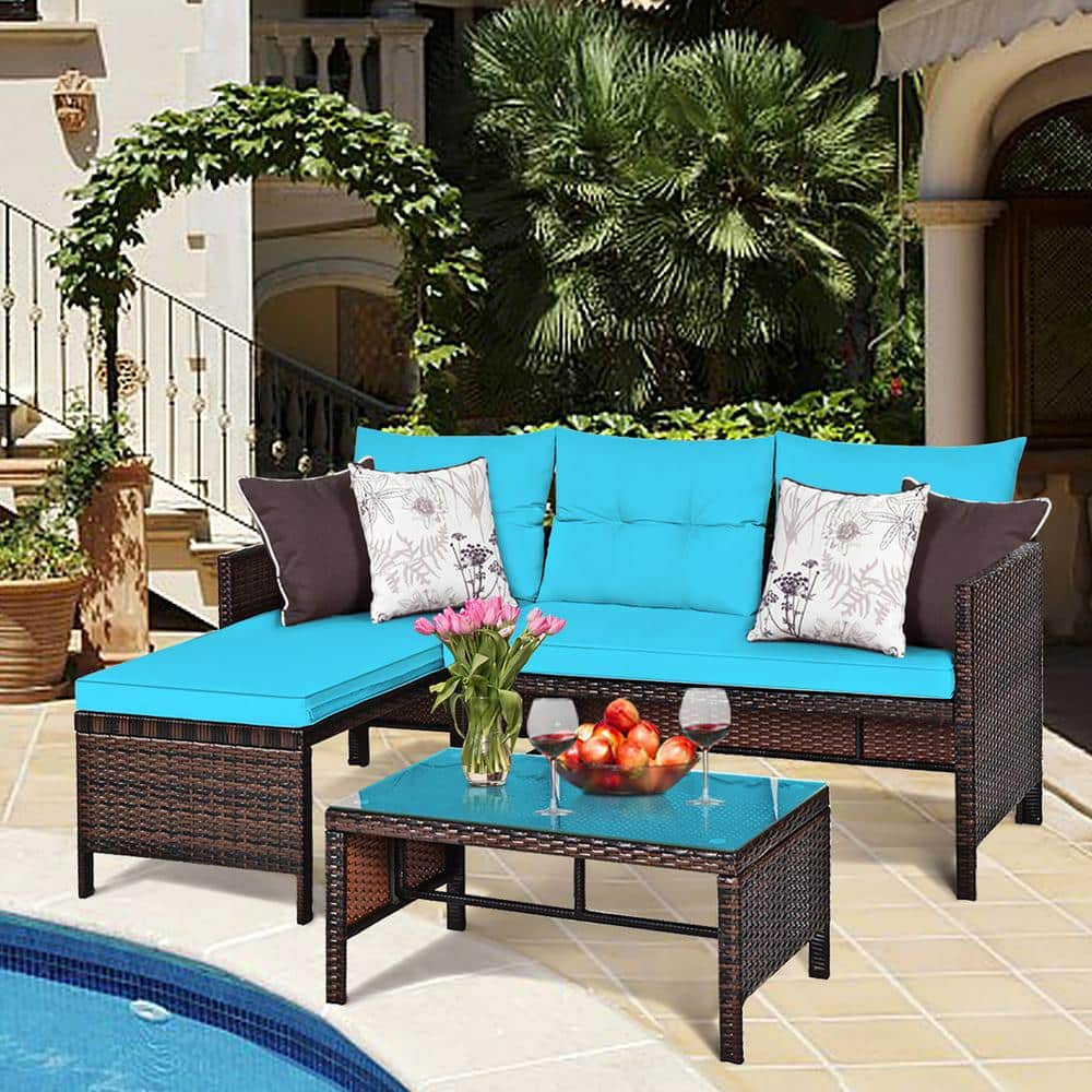 Costway Patio Corner Sofa Set 3-Piece Wicker Outdoor Sectional Set Rattan Sofa Set in Blue