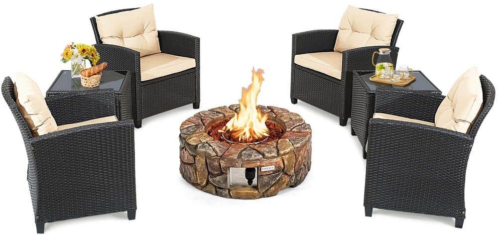 Costway 7-Piece Wicker Patio Rattan Furniture Set Gas Fire Pit Table Sofa with Beige Cushion