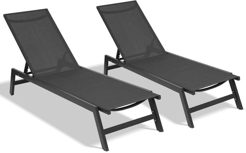 Boosicavelly Outdoor 2-Pcs Set Black Five-Position Adjustable Metal Lounger Recliner Chair