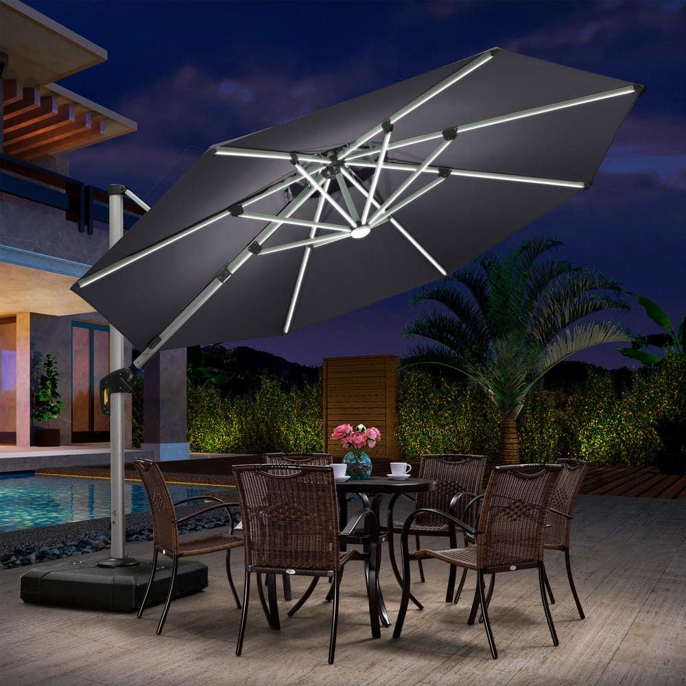 PURPLE LEAF 11 ft. Octagon Aluminum Solar Powered LED Patio Cantilever Offset Umbrella with Base, Gray