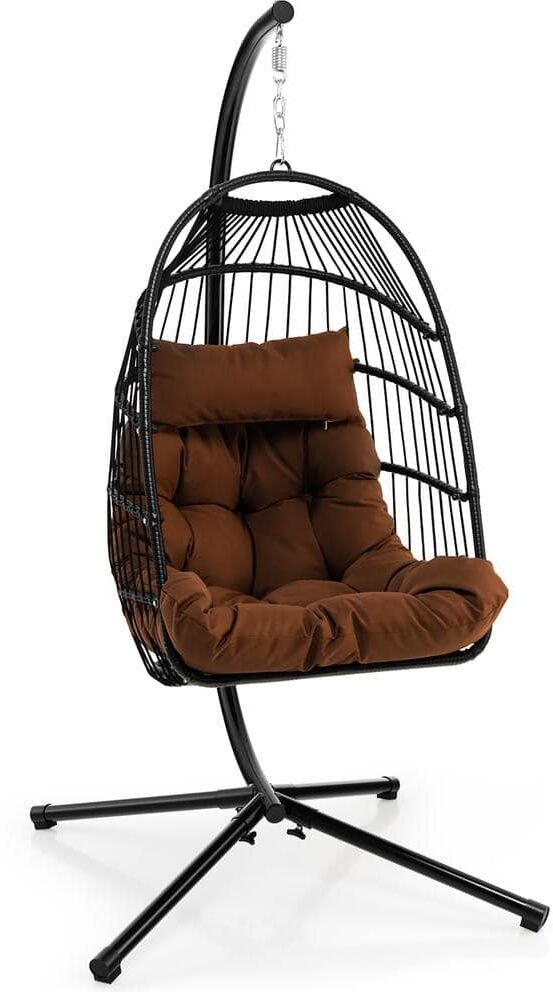 Costway Metal Hanging Egg Chair Patio Swing with Stand Waterproof Cover Folding Basket Brown Cushions