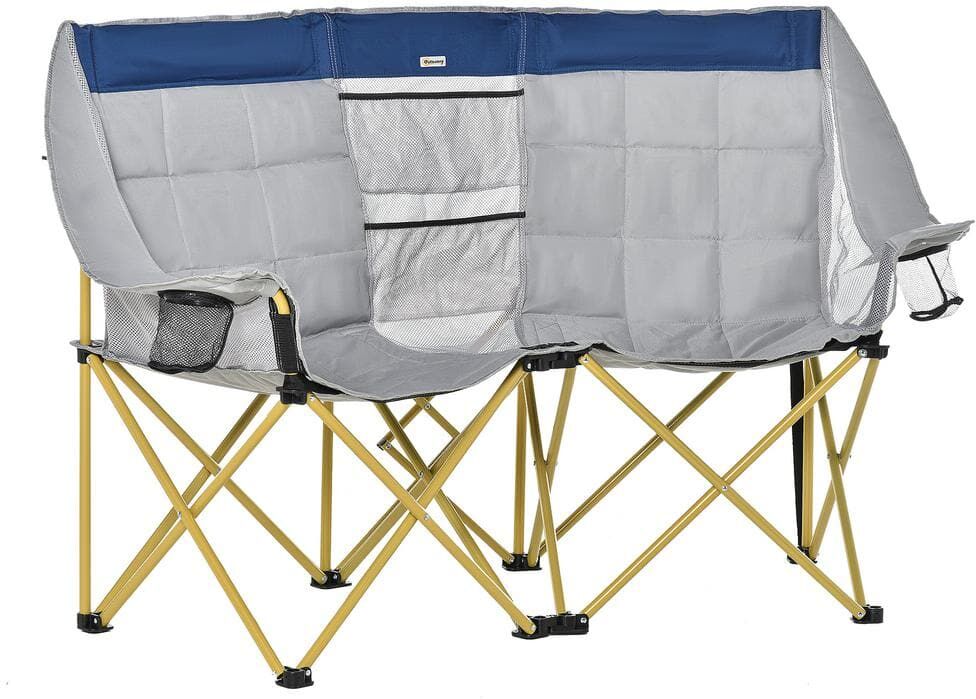 Outsunny Double Seat Camping Chair Folding Lawn Loveseat with Storage Pocket & Cup Holder Compact Navy Blue and Grey