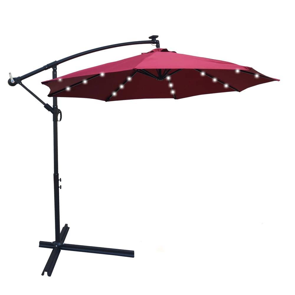 Sungrd 10 ft. Round Solar LED Lighted Rotation Cantilever Offset Outdoor Patio Umbrella in Burgundy