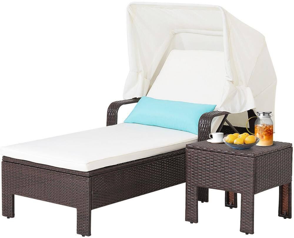 Costway 2-Pieces Wicker Patio Conversation Set Rattan Lounge Chair with Side Table Folding Canopy Cushion Pillow in Off White