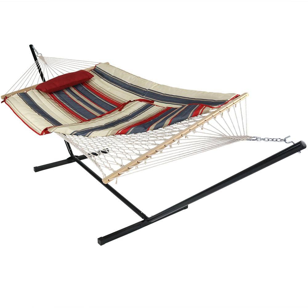 Sunnydaze Decor 12 ft. Rope Hammock Bed Combo with Stand, Pad and Pillow in Modern Lines