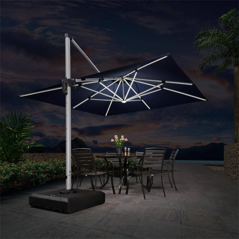 PURPLE LEAF 11 ft. Square Aluminum Solar Powered LED Patio Cantilever Offset Umbrella with Base, Navy Blue