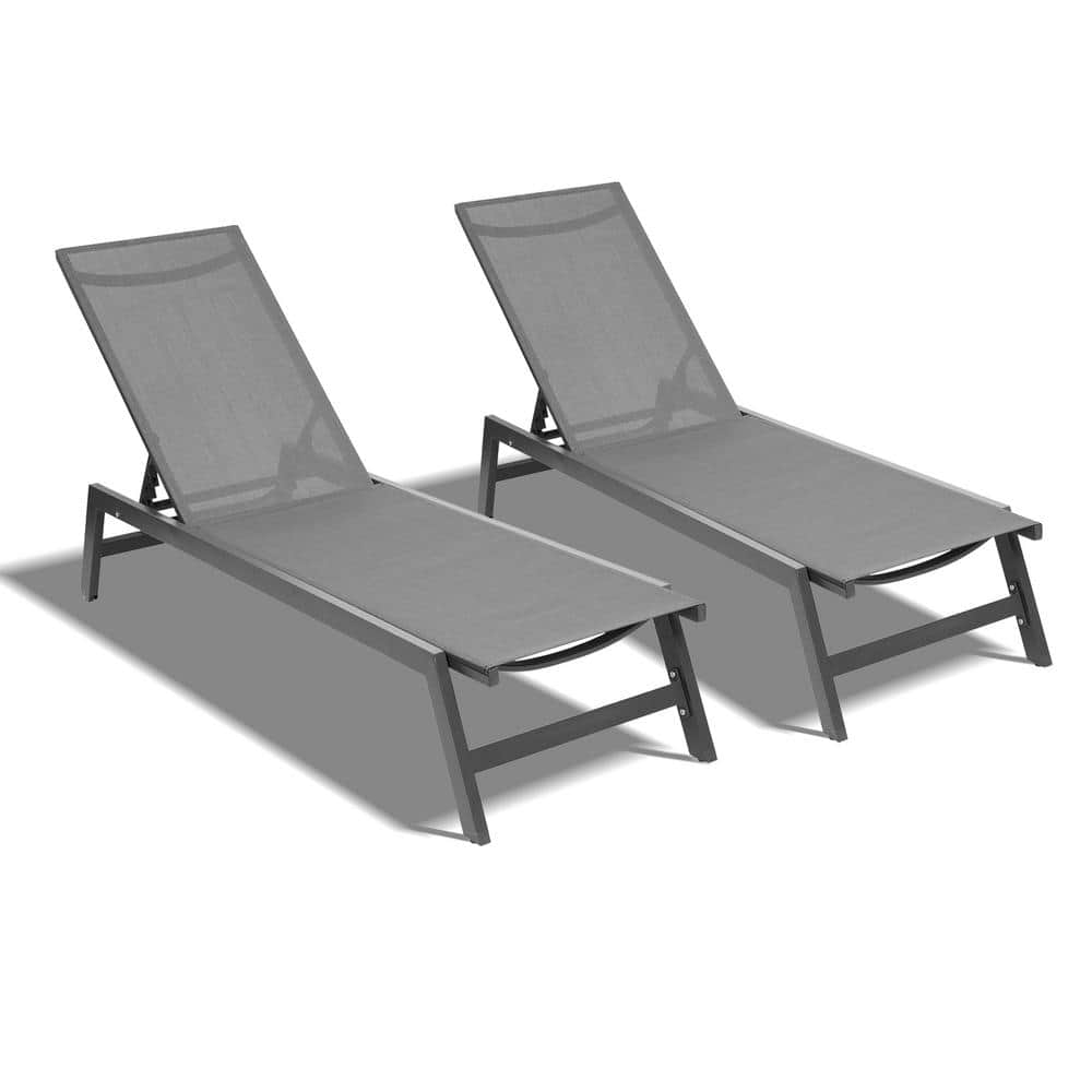 Zeus & Ruta Grey Outdoor Chaise Lounge With Five-Position Adjustable Aluminum Recliner For Patio, Beach, Yard, Pool (Set-2)