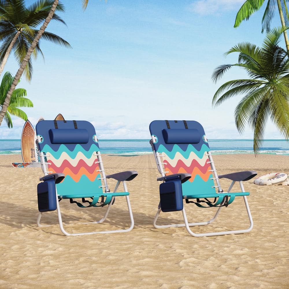 PHI VILLA Folding Camping Beach Chair 4 Position Reclining With Cooler Bag Heavy-Duty Easy Carry With Straps Blue(2-Pack)