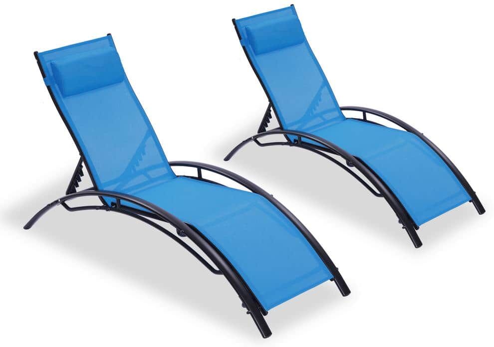 Amucolo Blue 2-Piece Metal Outdoor Chaise Lounge Recliner Chair with Five-Position Adjustable For Patio Lawn Beach Pool