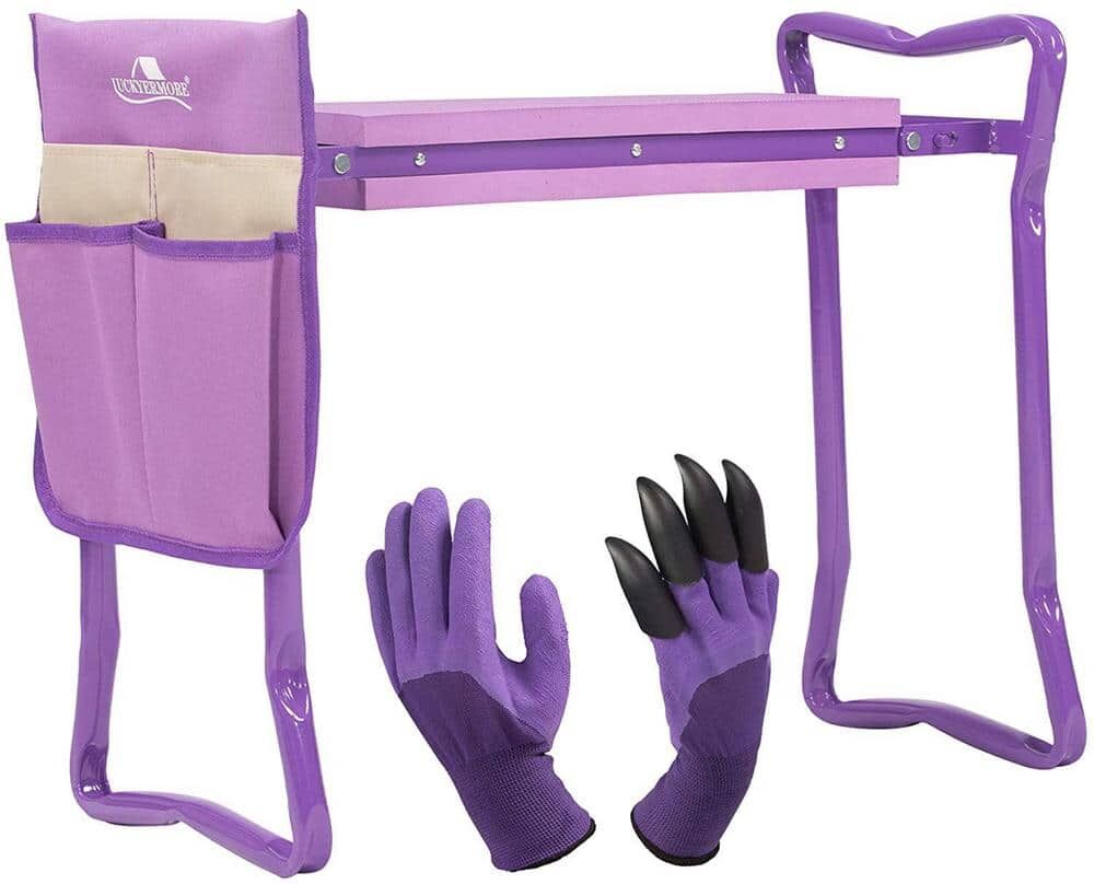 Garden Kneeler and Seat Foldable Soft Kneeling Bench Stool with Gardening Gloves and Removable Tool Pouch, Purple