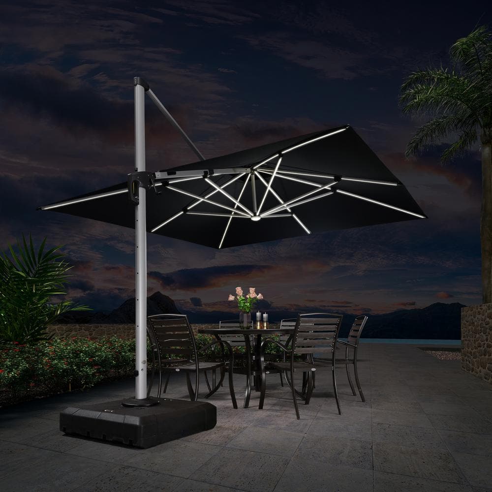 PURPLE LEAF 11 ft. Square Aluminum Solar Powered LED Patio Cantilever Offset Umbrella with Base, Black