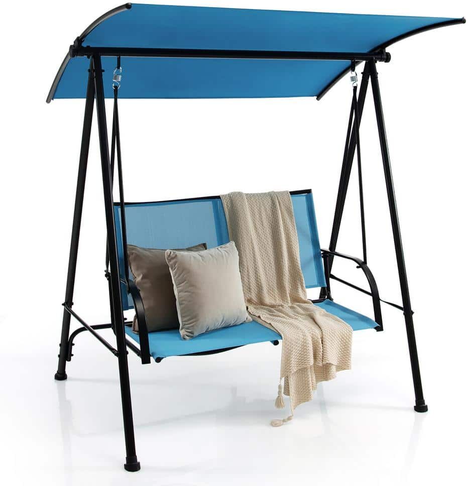 Costway 2-Seat Metal Patio Swing Porch Swing with Adjustable Canopy for Garden Dark Blue