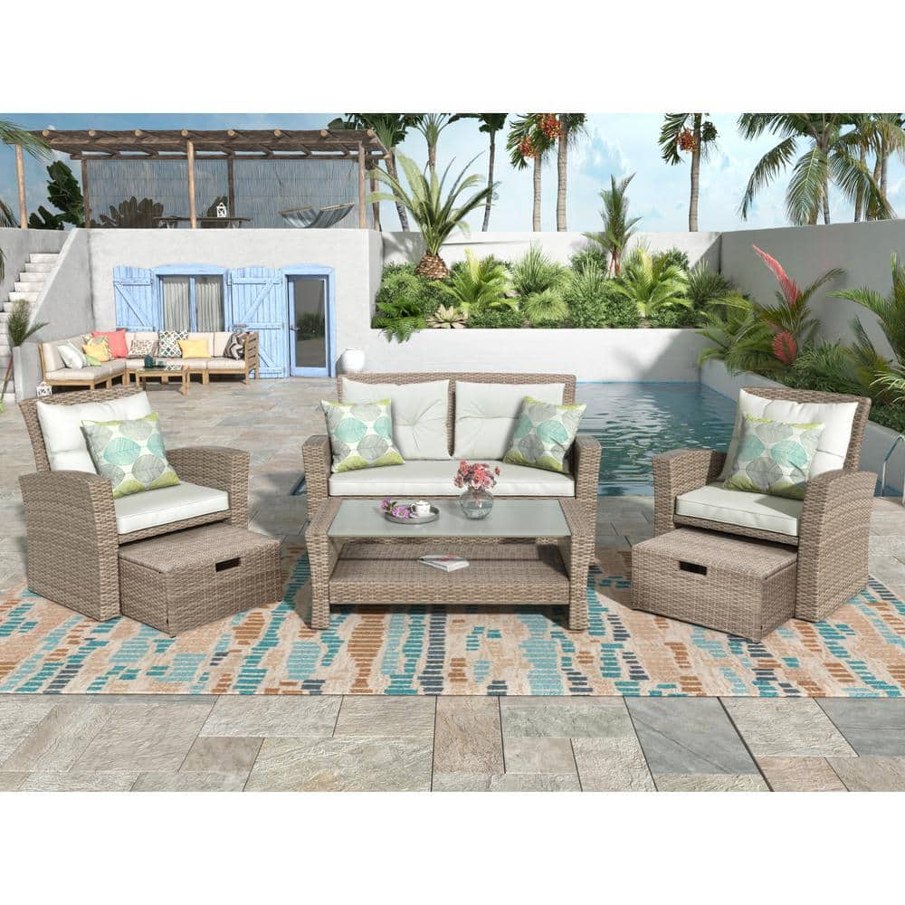 URTR 4-Piece PE Rattan Wicker Patio Conversation Set Outdoor Sofa Set with Ottoman, Armchair and Table, Beige Cushion