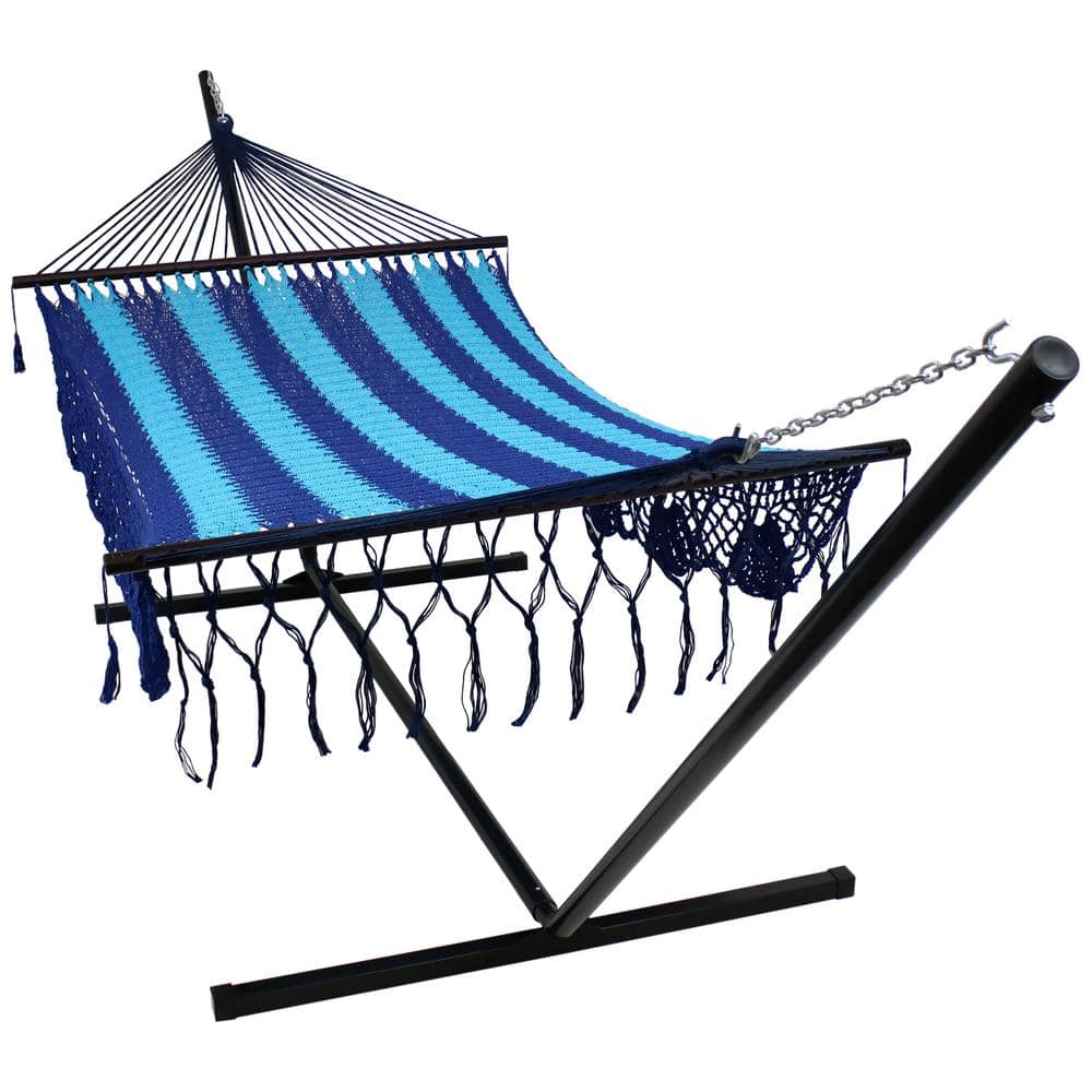 Sunnydaze Decor 12 ft. Free Standing Handwoven Cotton 2-Person American Mayan Hammock Bed with Stand in Blue