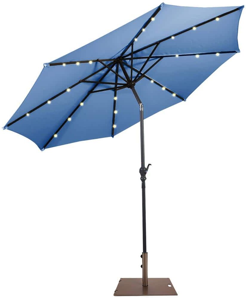 Costway 10 ft. Solar Lights Patio Umbrella Outdoor in Blue with 50 lbs. Movable Umbrella Stand