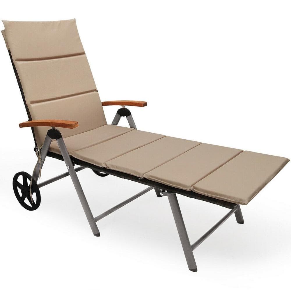 Costway Folding Patio Rattan Lounge Chair Chaise Cushioned Aluminum Adjust Wheel With Beige Cushion Outdoor