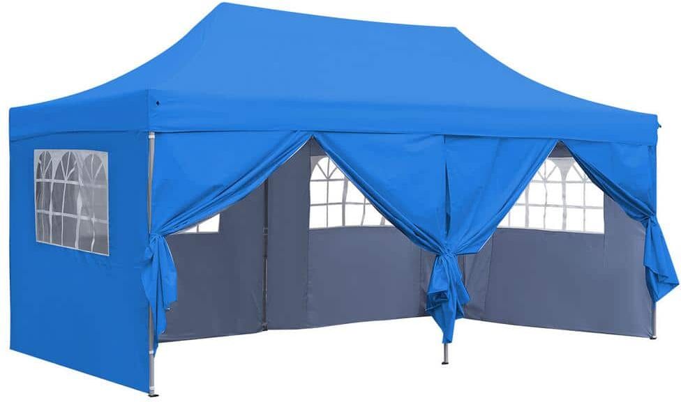 OVASTLKUY 10 ft. x 20 ft. Blue Patio Canopy Tent Outdoor with 6 Sidewalls and Carrying Bag