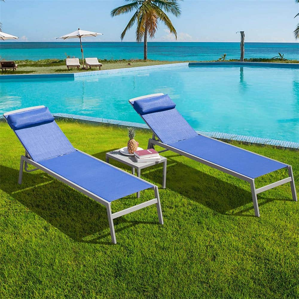 3-Pieces Aluminum Patio Chaise Lounge Set with Table, 5 Position Adjustable Pool Recliner with Headrest in Blue