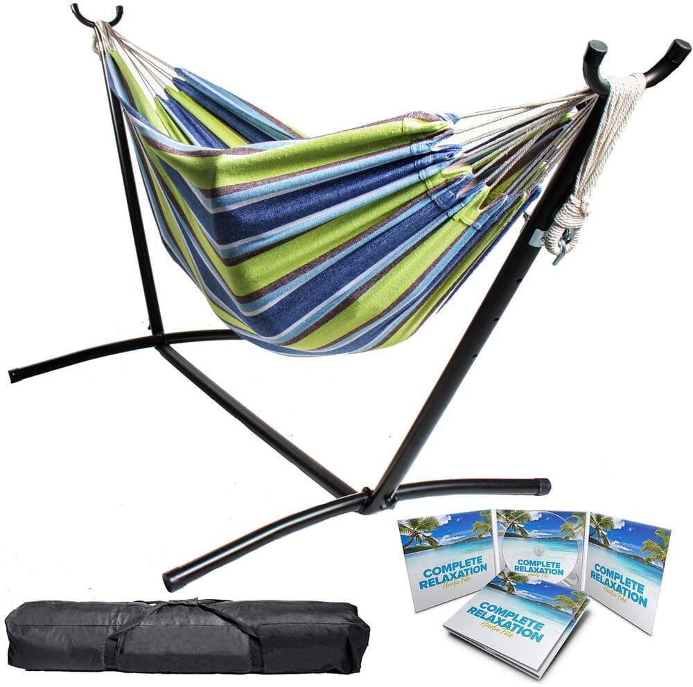 9 ft. Free Standing Hammock Bed Hammock with Stand in Blue/Green