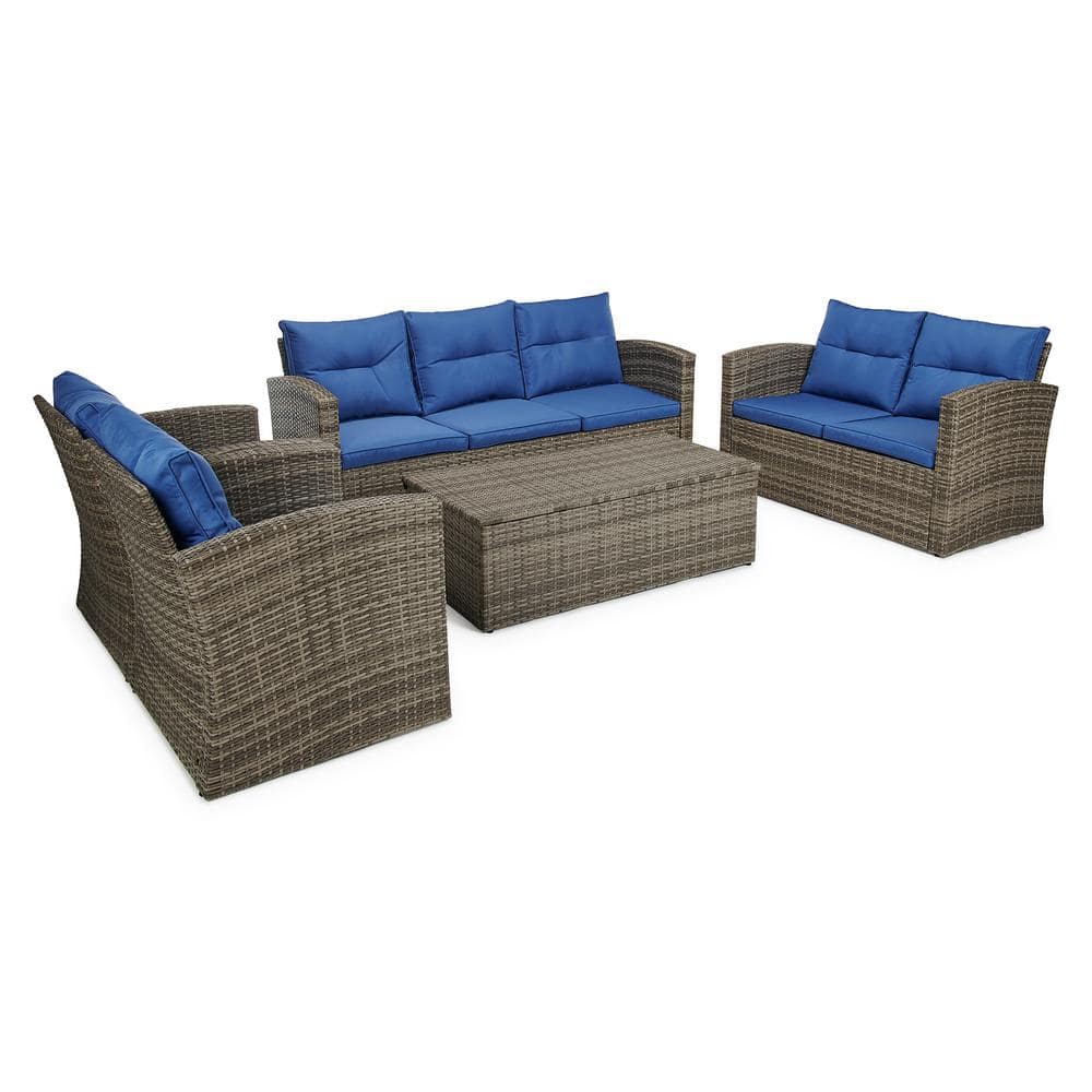 EDYO LIVING 5-Piece Wicker Patio Sectional Sofa Set with Blue Cushions