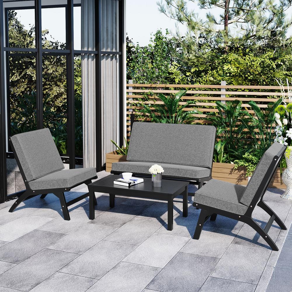 URTR 4-Piece All Weather Wood Patio Conversation Set Outdoor Acacia Solid Sofa Set with Table for Garden Yard, Gray Cushion