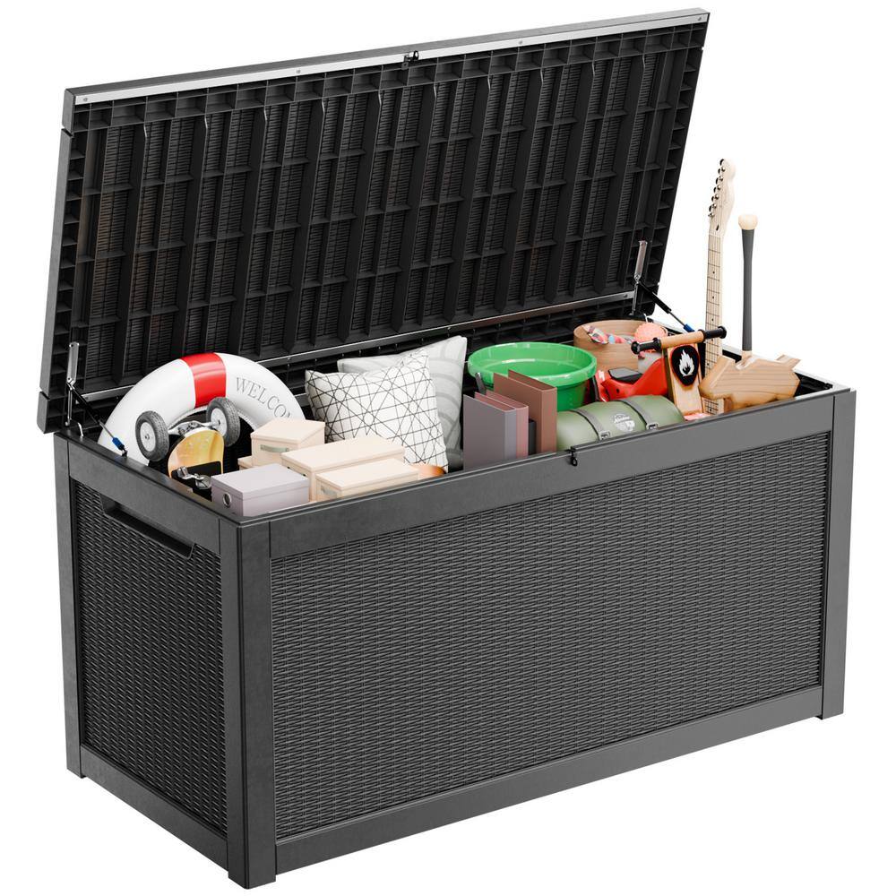260 Gal. Hot Seller Black Waterproof Resin Large Deck Box Lockable for Gardening Tools Pool Sports Supplies