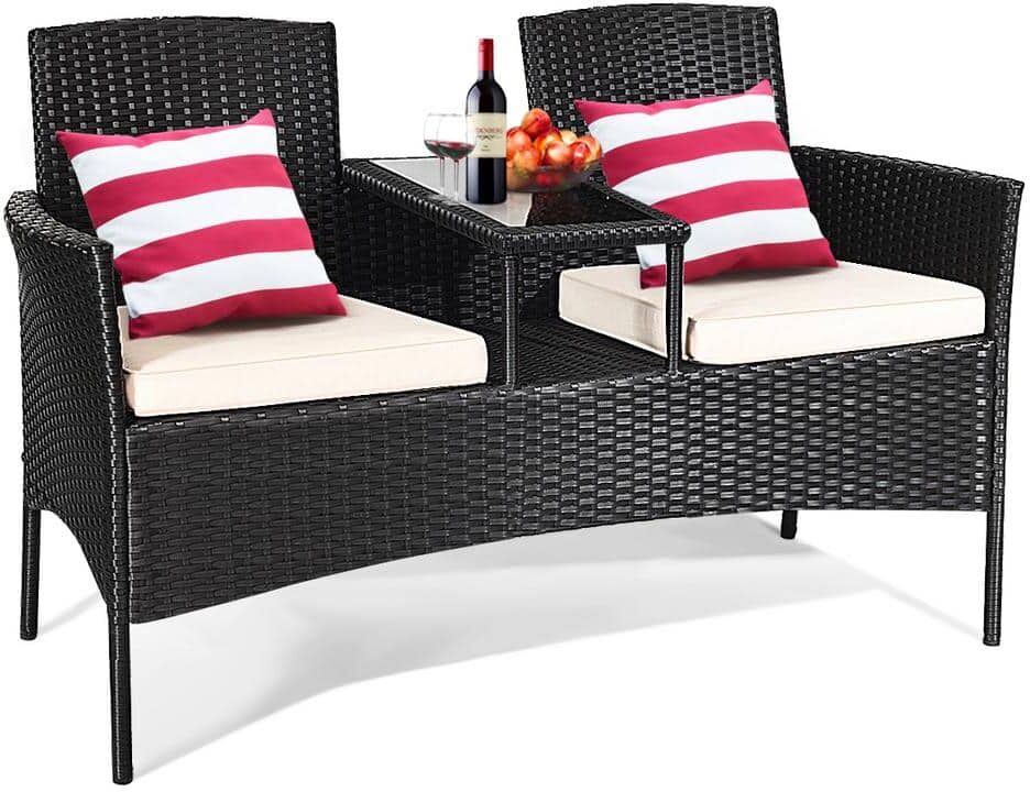 Costway Black 1-Piece Rattan Wicker Patio Conversation Set Seat Sofa Loveseat Glass Table Chair with White Cushion