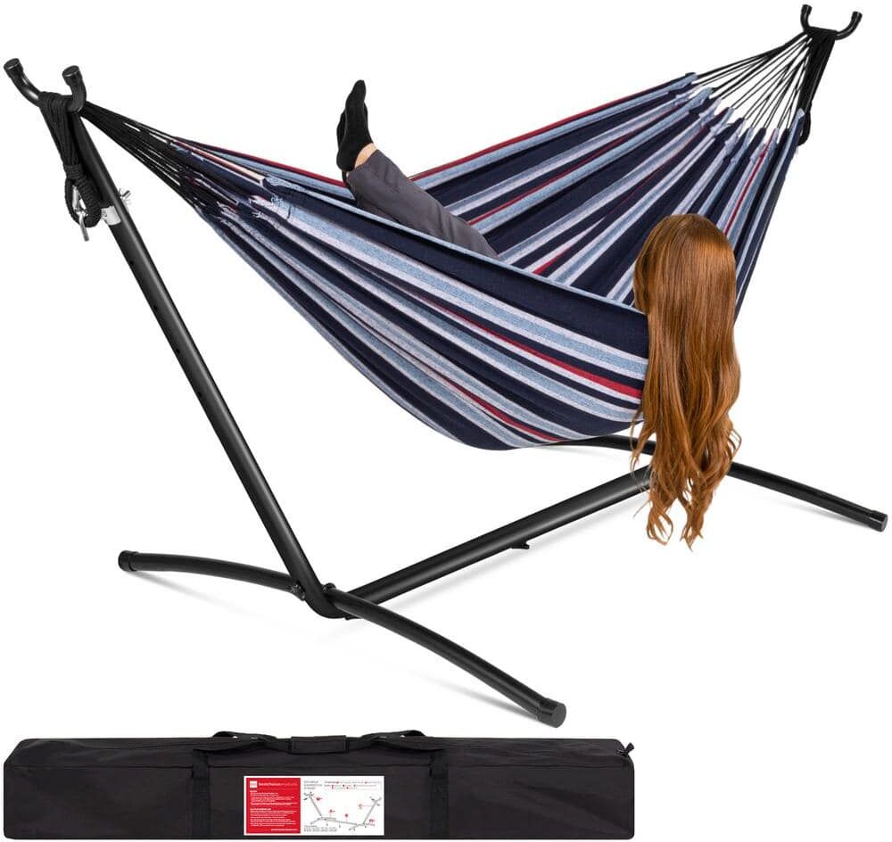 Best Choice Products 9.5 ft. 2-Person Brazilian-Style Cotton Double Hammock Bed with Stand Set with Carrying Bag in Abyss