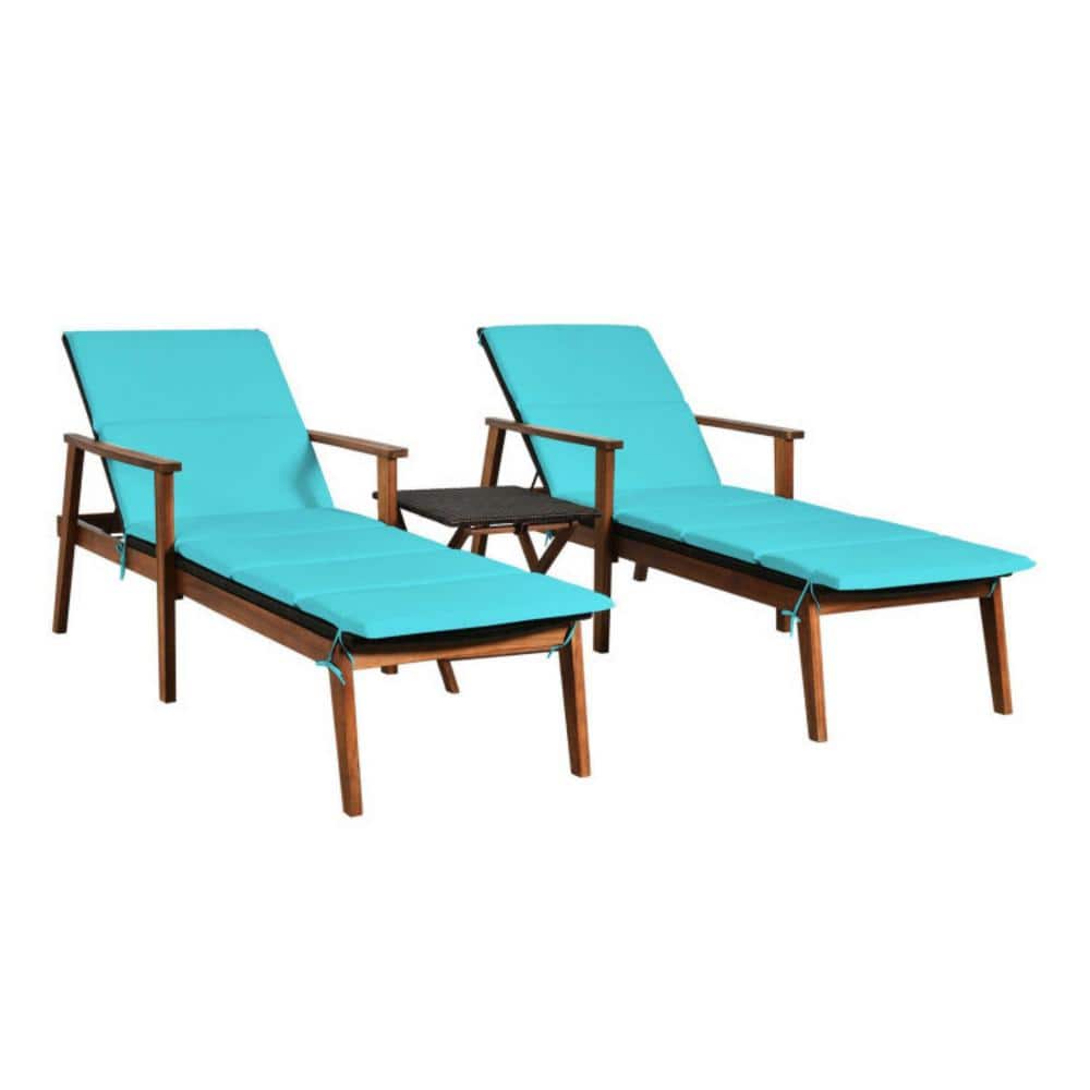 Clihome 3-Pieces 5 Position Adjustable Wood Patio Rattan Lounge Chair Set w Blue Cushion and 17.5 in. x 17.5 in. Folding Table