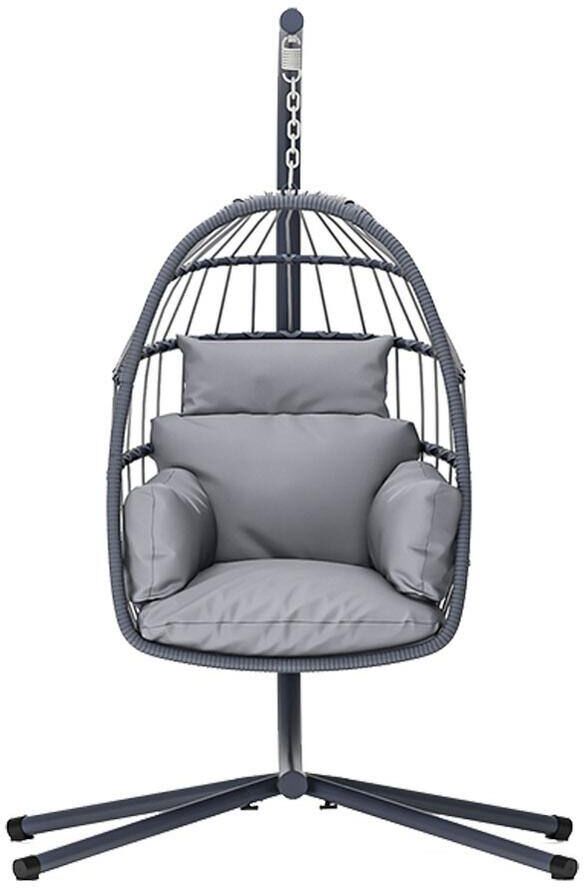 Sudzendf Outdoor Patio Foldable Hanging Swing Chair with Stand Gray Cushions