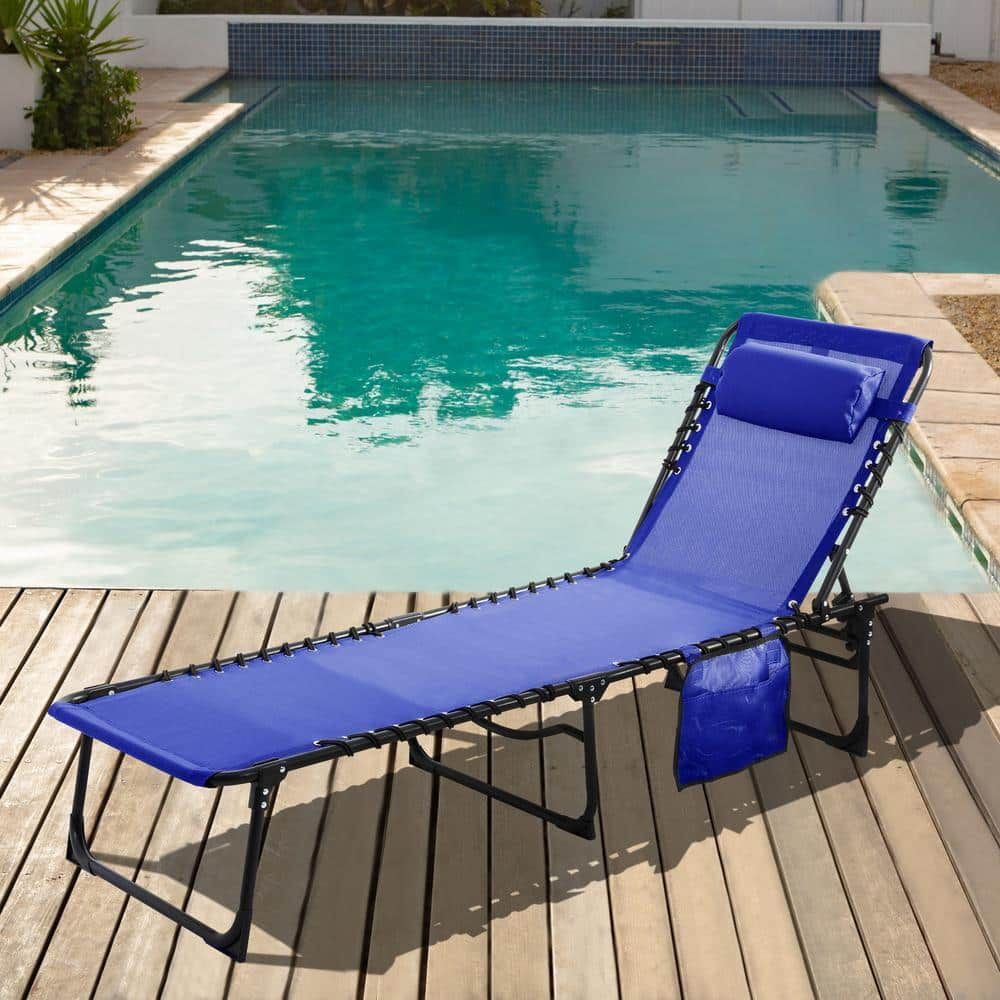 VEIKOUS Metal Outdoor Folding Chaise Lounge Chair with Pillow and Pocket in Blue