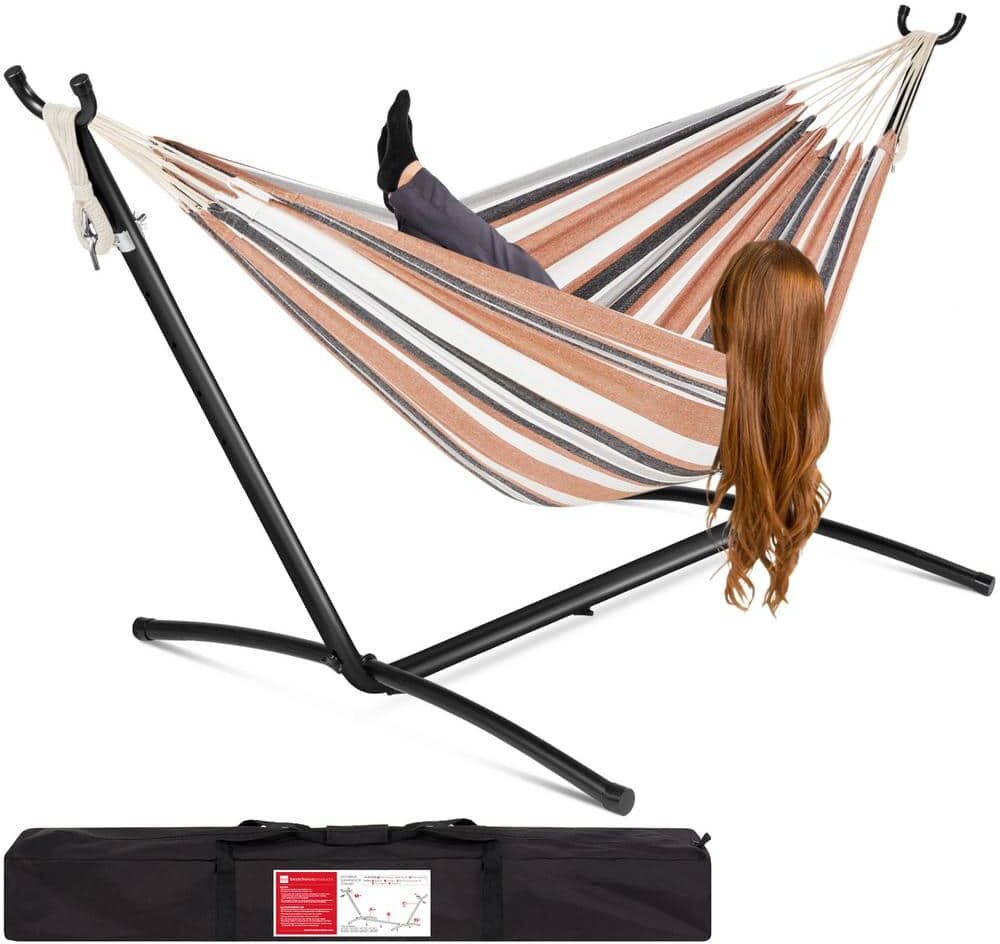 Best Choice Products 9.5 ft. 2-Person Brazilian-Style Cotton Double Hammock with Stand Set w/Carrying Bag - Desert Stripes