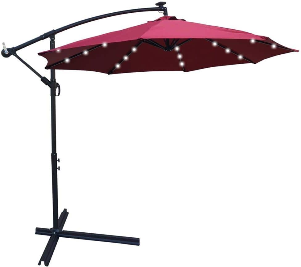 10 ft. Solar LED Steel Cantilever Outdoor Patio Umbrella with Crank and Cross Base in Burgundy