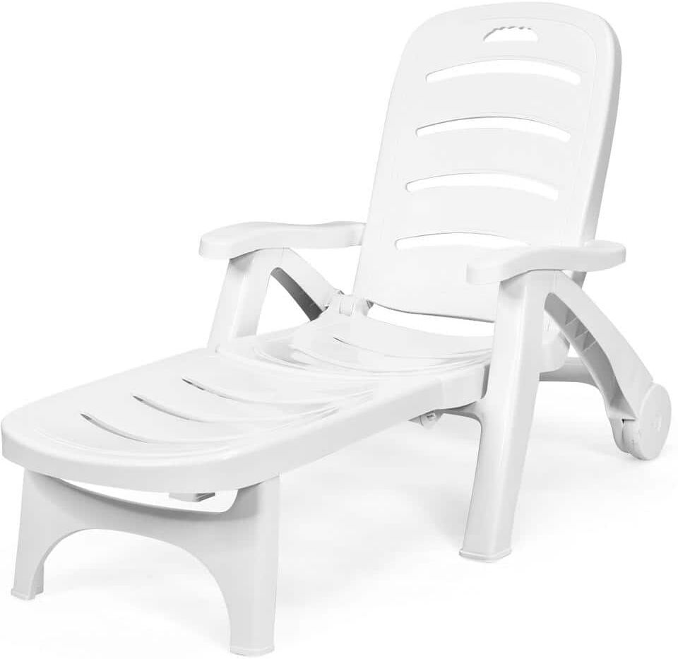 ANGELES HOME White Outdoor 5 Position Adjustable Folding Lounge Chair with Wheels