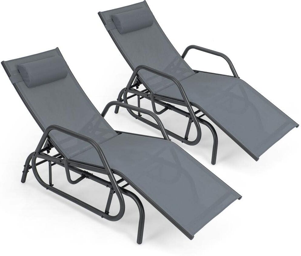 Costway 2-Pieces Grey Metal Outdoor Chaise Lounge Glider Recliner Chair Adjustable Sturdy Frame