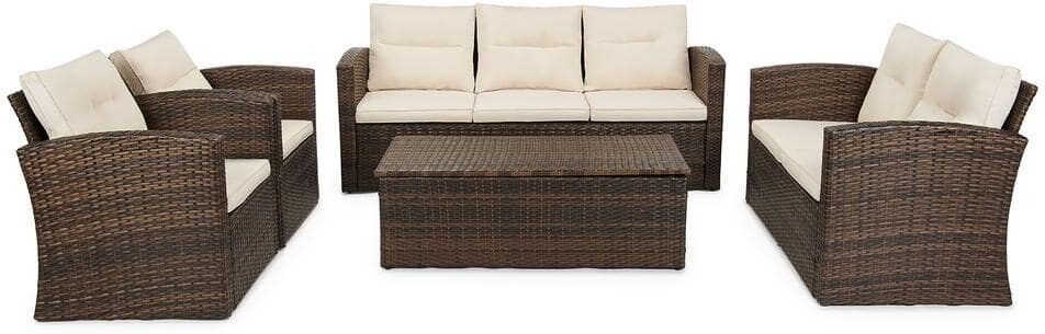 EDYO LIVING 5-Piece Wicker Patio Sectional Sofa Set with Beige Cushions